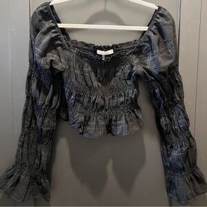 Boutique Plaid Smocked Off-Shoulder Blouse